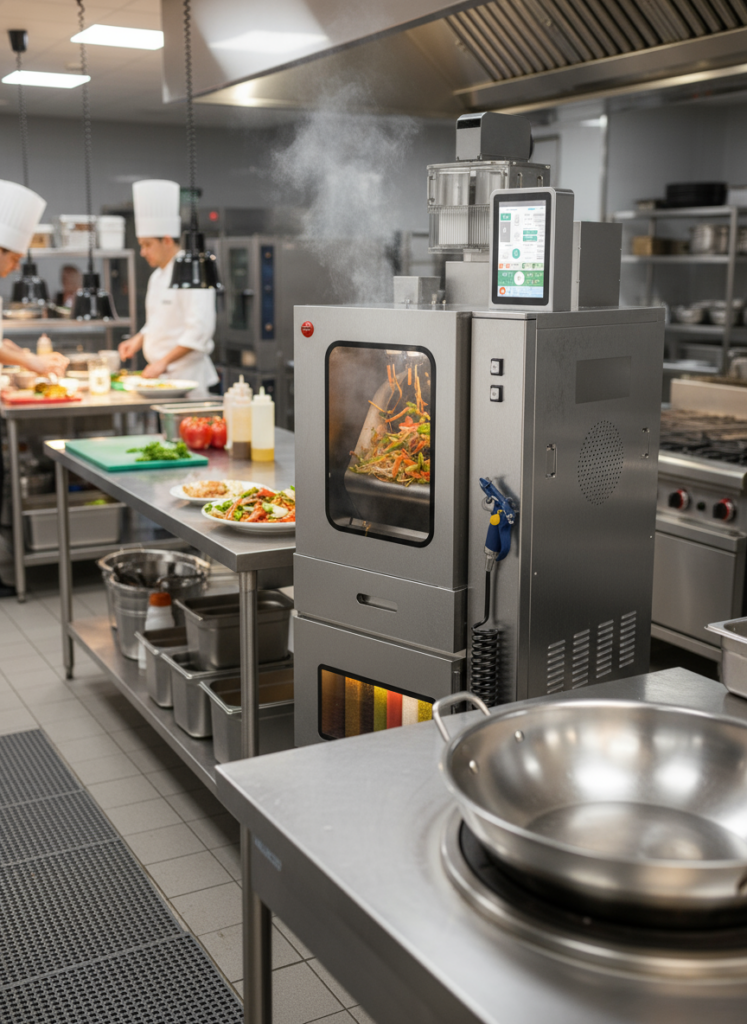 Robot de cocina inteligente Cheflubekah XA460 funcionando en cocina profesional de restaurante